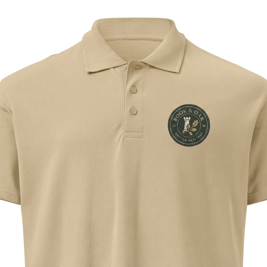 Khaki polo shirt with Forest Green crest