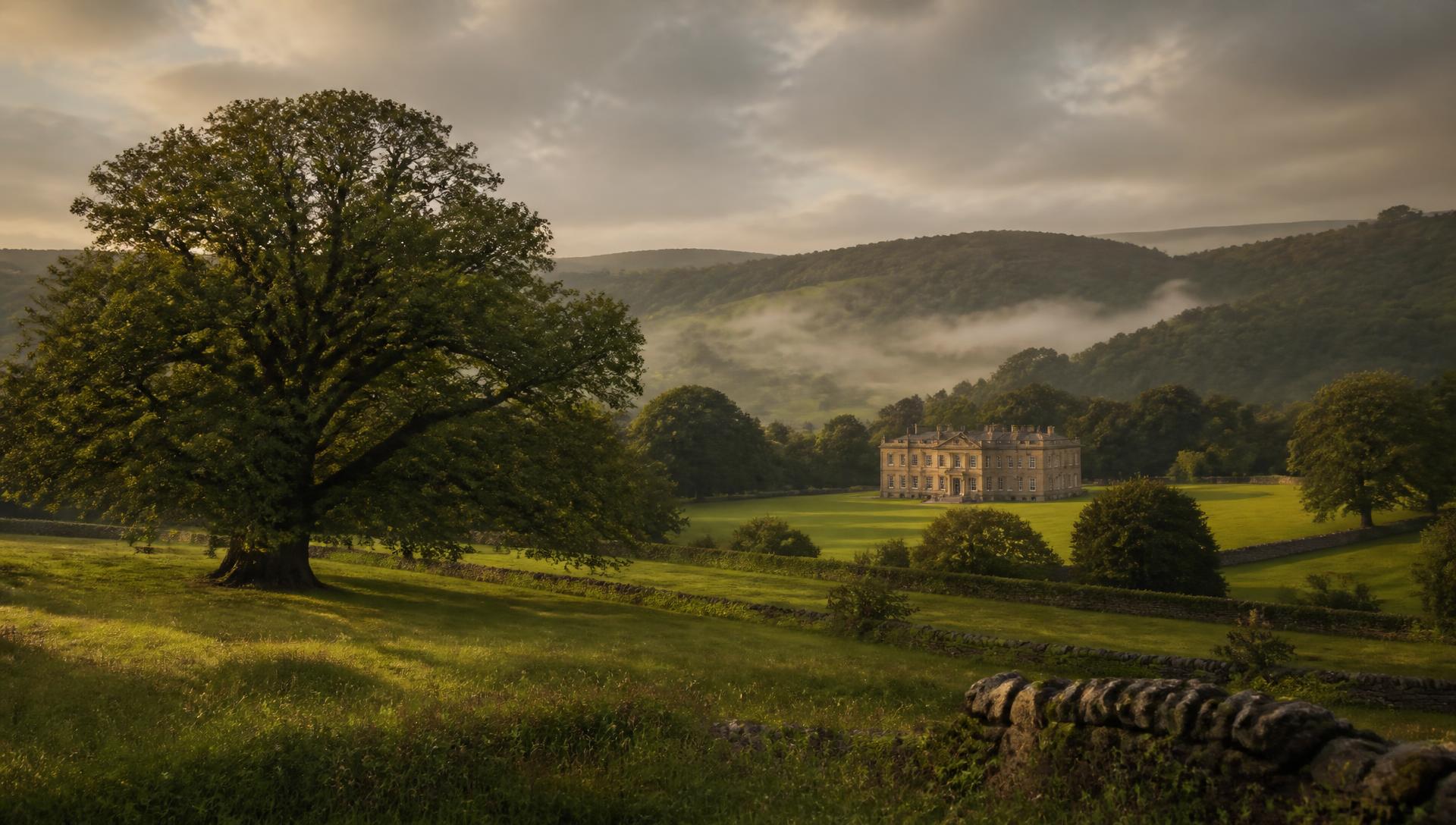 An ancient oak standing before a British country estate and rolling green fields