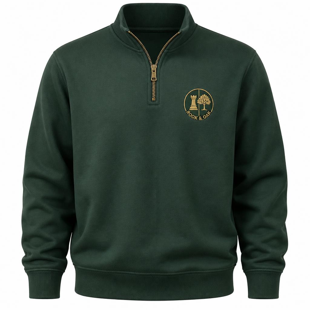 Rook & Oak Heritage Quarter-Zip concept in British racing green with the crest